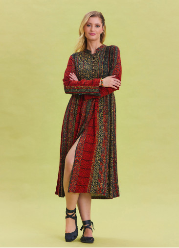 Patterned Crew Neck Button Detailed Brick Long Sleeve Dress 4445